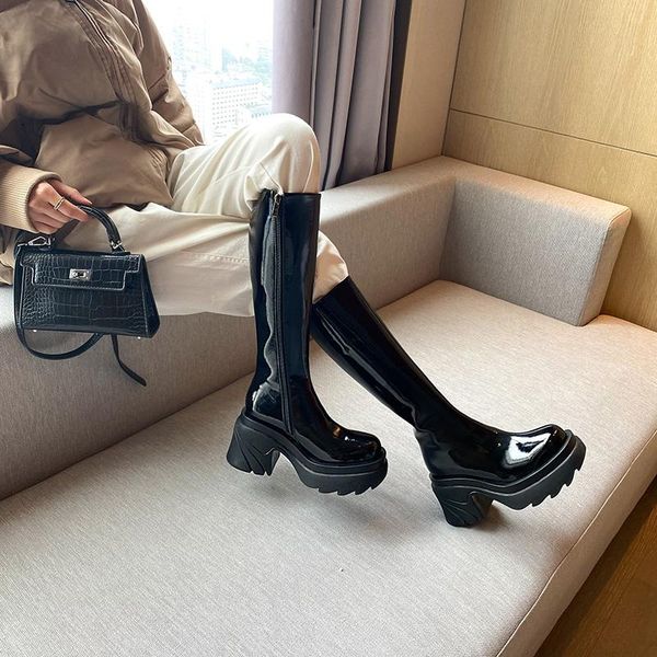 

boots genuine leather female knee high black beige platform chunky heels pumps working shoes woman