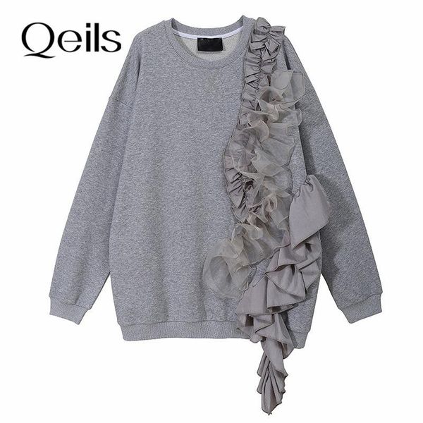 

qeils casual fashion spring autumn 2021 loose fit gray ruffles irregular sweatshirt new round neck long sleeve women big size, Black