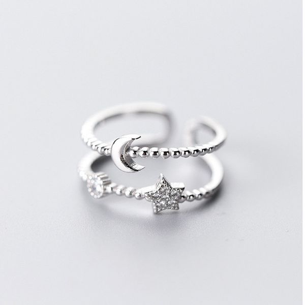 

simple fashion opening ring for women retro minimalist double layer moon stars cross zircon adjustable finger ring party jewelry, Silver