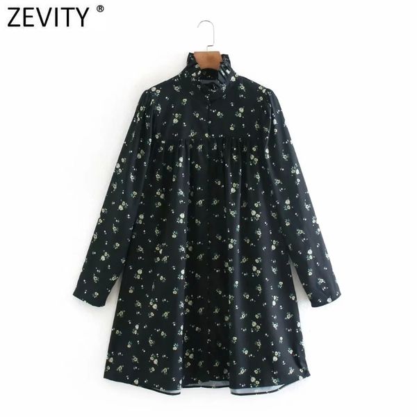 

zevity new women sweet agaric lace floral print casual straight dress prairie chic puff sleeve vestido ruffles mini dress ds4787 210302, Black;gray