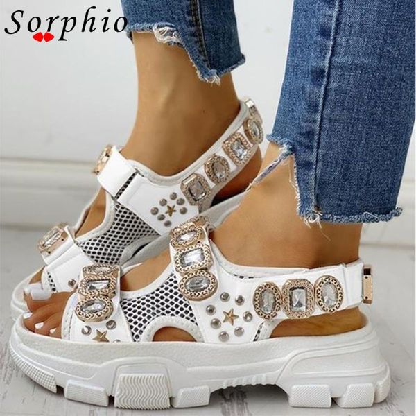 

dress shoes sorphio summer platform wedges rivet bling rhinestones casual sandals for women female fashion 2021, Black