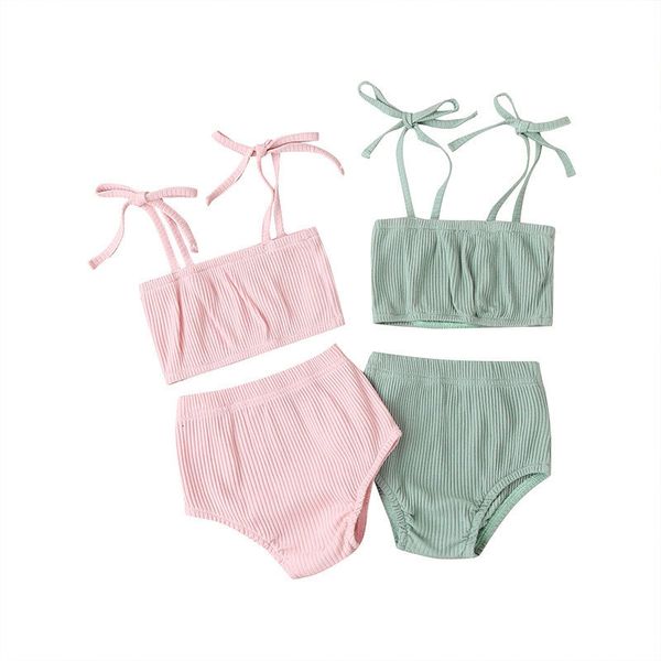 

2021 new soild color toddler girl summer fashion baby clothes girls outfits sleeveless suspenders +shorts infant clothing bri6, White