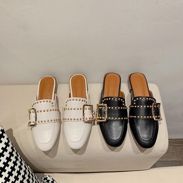 

slippers rivet mule women closed toe casual low heel shoes slides buckle slip on loafers mules 2021 sandalias mujer black beige