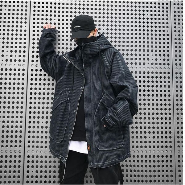 

men's jackets hip hop tide style denim jacket autumn wear warm outwear versatile tooling functional loose casual pilot multi pockets, Black;brown
