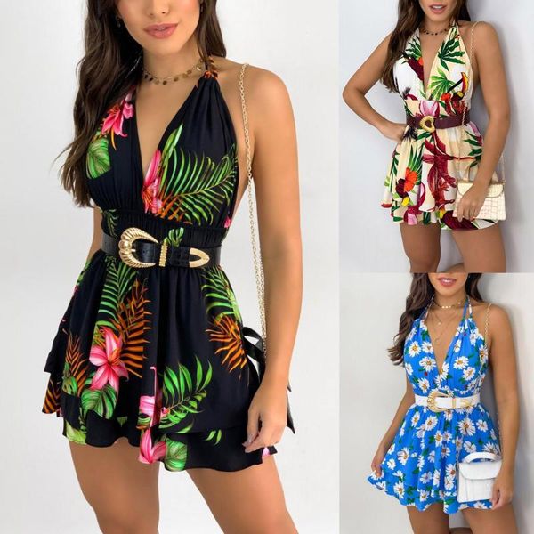 

casual dresses women's summer deep floral print v-neck backless short sleeve leaf strapless dress vestido de mujer robes, Black;gray