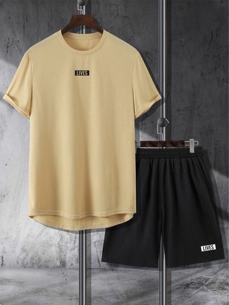 

men letter graphic high low hem tee & shorts l4ln#, Gray
