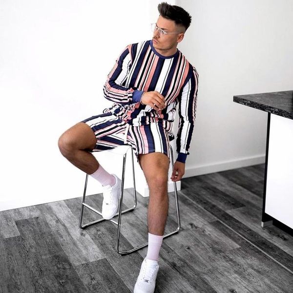 

men's tracksuits men outfit set 2021 spring summer striped long-sleeved t-shirt sports suit casual fashion + shorts 2-piece, Gray