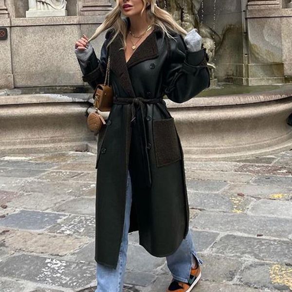 

women's leather & faux agong turn down collar solid pu coats women fashion double breasted jackets elegant tie belt female ladies, Black