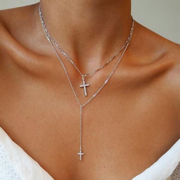 

fashion creative double cross pendant necklace women's multi-layer pendant long chain crystal zircon choker sweater necklace, Silver