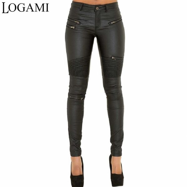 

logami faux leather pants women elastic zipper trousers leren broeken 211118, Black;white