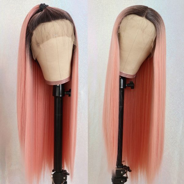 

heat resistant middle part ombre pink color wig long hair glueless silky straight lace front wigs dark roots synthetic wigs for black women