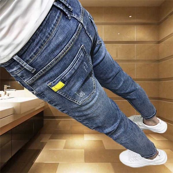 

wholesale fashion casual students social spirit guy personality skinny jeans men trendy men's brand slim feet pants tights 211103, Blue