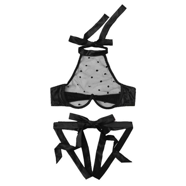 

3pieces/lot lace wave point perspective lingerie women halter corset underwire cross bandage muslin temptation underwear lenceria, Red;black