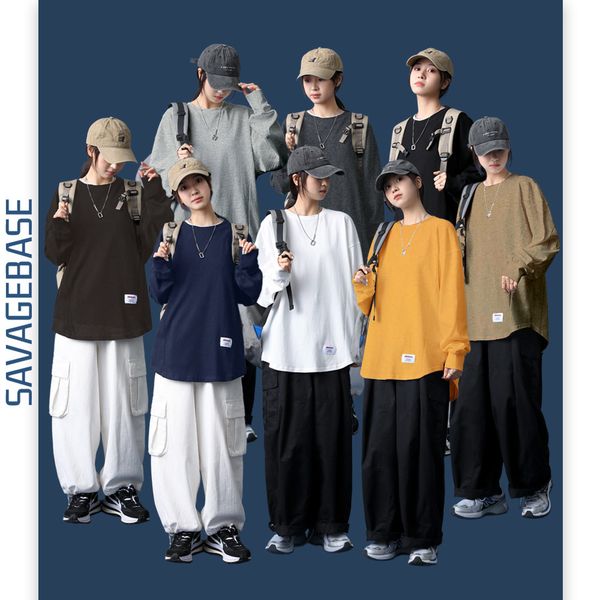 

men's cotton white t-shirt casual versatile loose large round neck with long sleeve t-shirt