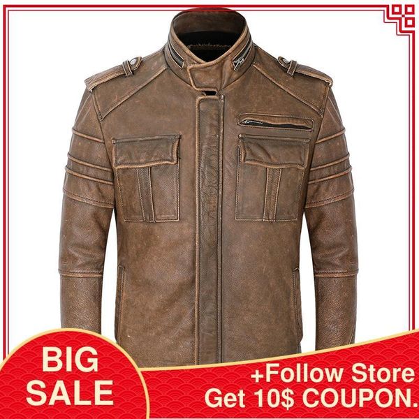 

men's leather & faux 2021 vintage brown casual style jacket men plus size 4xl double pockets genuine cowhide autumn slim fit coat, Black