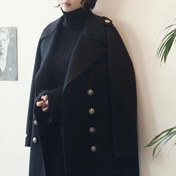 

oversize women's thickened warm woolen coat medium length over the knee woolen coat 200kg in stock, Black