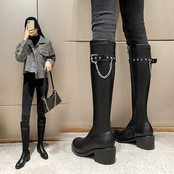 

boots chic chain belt buckle black leather women 2021 winter knee-high riding bottes slim chunky high heels knight botas mujer