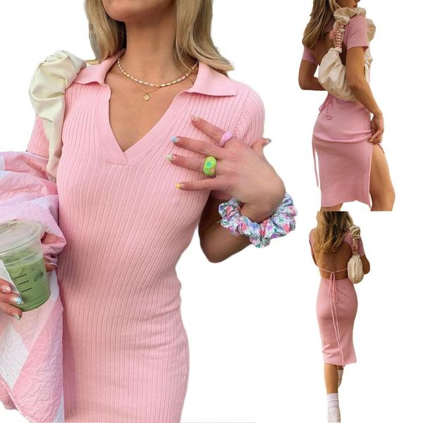 

casual dresses women close-fitting slit dress, pink solid color turn-down collar short sleeve backless female clothing, Black;gray