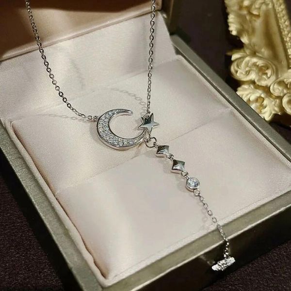 

chains rhinestone star moon tassel necklace minimalist design temperament ins clavicle chain, Silver