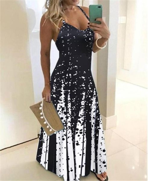 

casual dresses estenala summer dress women 2021 spaghetti strap boho print camis bemaxi plus size loose big swing, Black;gray
