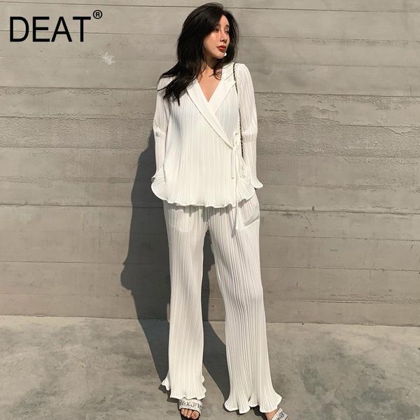 

women's two piece pants [deat] v-neck white chiffon pleated light lace mercerized coat high waist wide leg trousers two-piece suit 2021