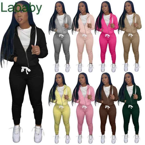 

women tracksuits two piece set designer autumn twill sweater fabric zipper hoodie jacket sweatpants drawstring solid sportsuit 9 colours, Gray