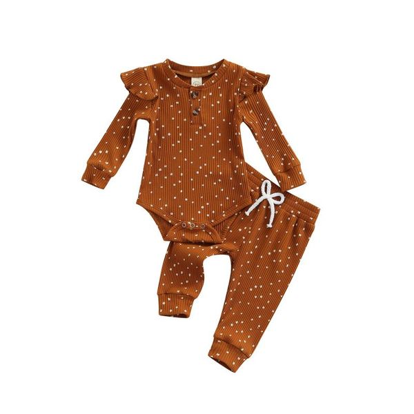 

clothing sets 2021 0-18m baby fall autumn boys girls dot print brown ruffle shoulder long sleeve knitted romper+high waist pants 2pcs, White