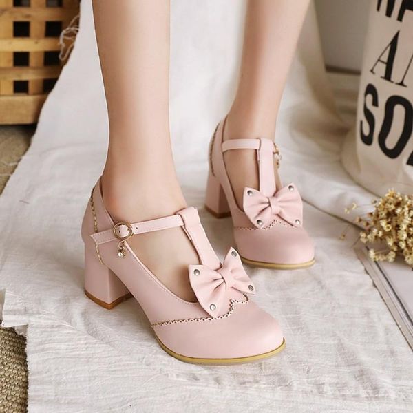 

dress shoes women mary janes pumps t-strap 6cm square heels sweet bowtie lolita buckle strap wedding bridal, Black