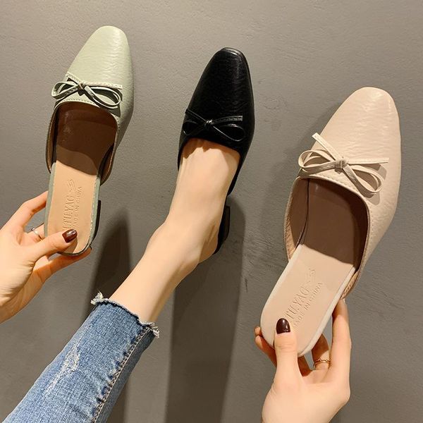 

slippers half women shoes woman slides mules fashion spring summer 2021 solid leather square low heels bow knot ladies, Black
