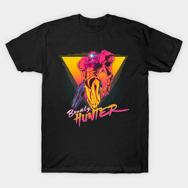 

men's t-shirts space bounty t - shirt metroid gaming samus aran video games 80s neon retro synthwave, White;black