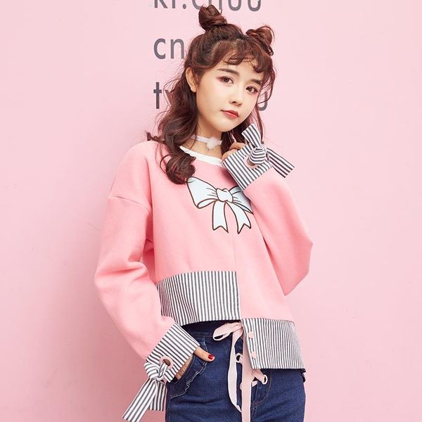 

women's hoodies & sweatshirts princess sweet lolita hoodie winter paste embroidered bow strap striped hem stitching cashmere with asymm, Black