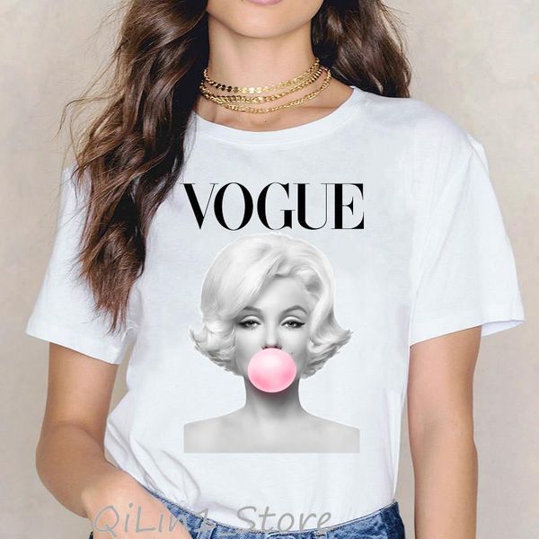 

2021 vogue marilyn monroe bubble gum t shirt graphic tee women summer funny tshirt femme aesthetic clothes female t-shirt, White