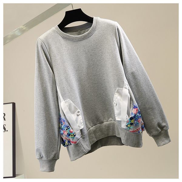 

female pullover hodies 2021 spring women's clothing embroidered lace mesh patched around her neck long grey sleeve femme sweatshirt iu3, Black