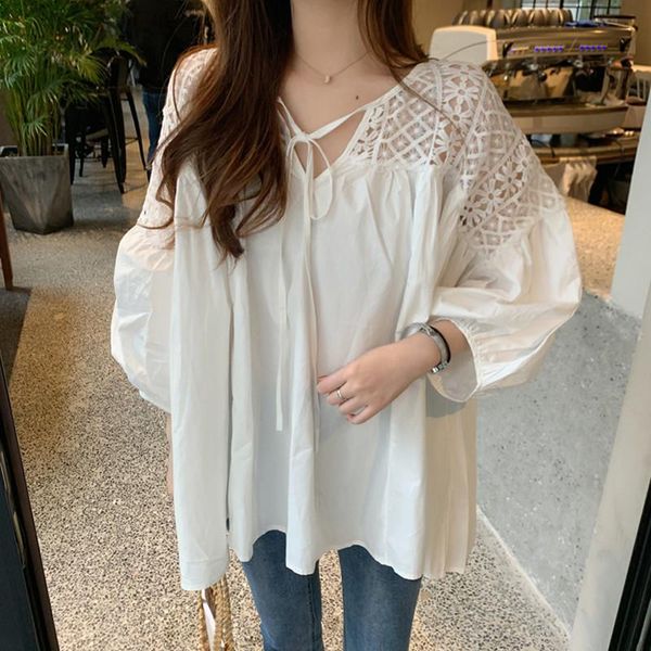 

women's blouses & shirts spring autumn women hollow out white blouse casual loose v-neck tie bow female lantern sleeve blusas ab1596