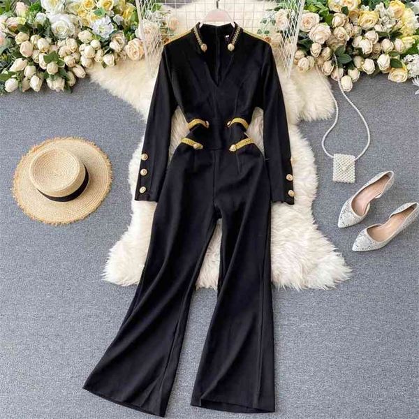 

retro england style women's rompers v neck buttons weaving deco slim long sleeve wide leg jumpsuits 210602, Black;white