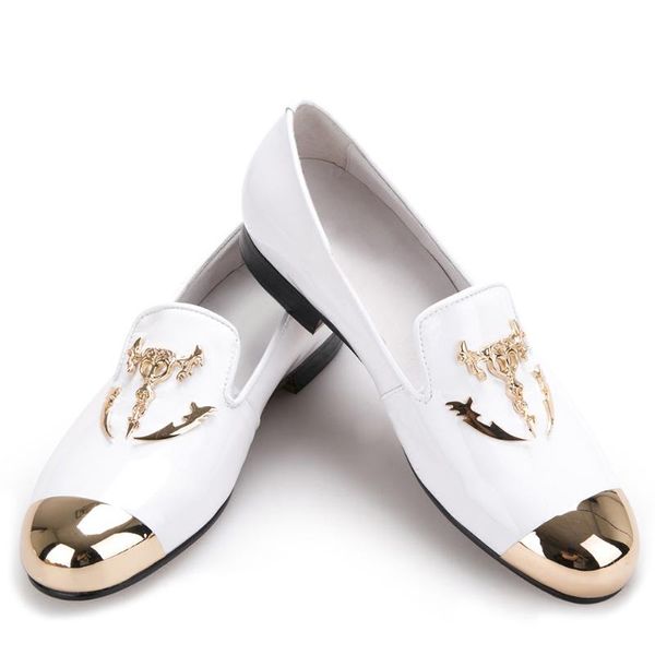 

dress shoes metal toe and skull buckle men patent leather casual party wedding loafers men's flats, Black