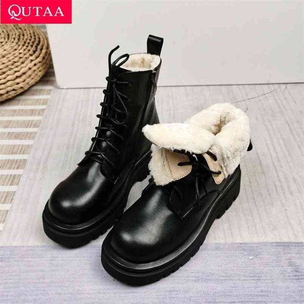 

qutaa 2022 women motorcycle boots winter warm plus plush round toe genuine leather shoes plush lace up ankle boots size 34-43 210914, Black