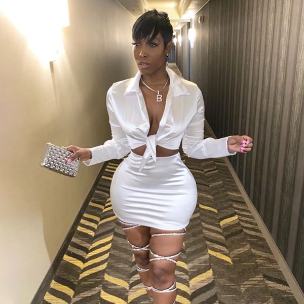 

satin silk bodycon two piece set tie deep v long sleeve and skirt party outfits for ladies clubwear c70-dd40, White