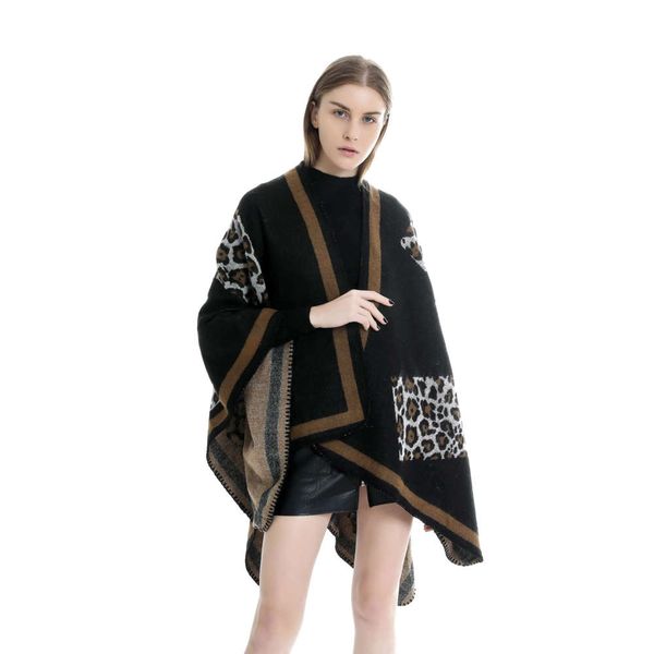 

wrap 2019 style pure leopard pattern imitation cashmere thermal cape, Blue;gray