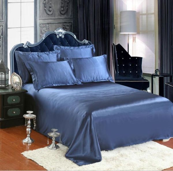 

blue satin silk bedding bed sheet cases king queen twin size solid color flat sheet bedspread soft bed cover home textile