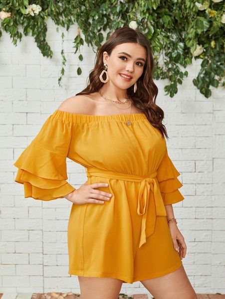 

plus layered sleeve belted off shoulder romper l9m8#, Black