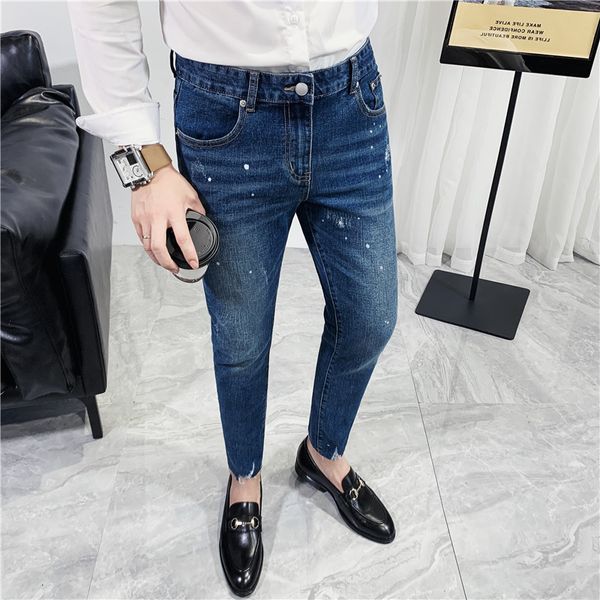 

korean all game thin fit torn jeans men's clothes 2021 autumn streetwear stretch denim dark blue pants 3xl- i953