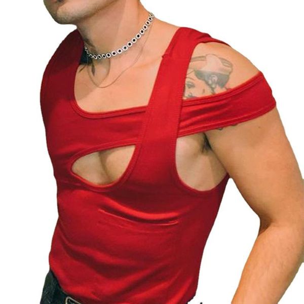 

men' tank men vest sleeveless t-shirt sling close-fitting underwear fashion hollow out slim mens red gym clothing, White;black