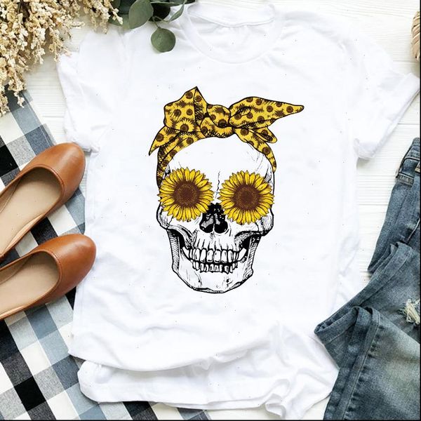 

women lady sunflower 90s skull casual fall autumn halloween print tshirt female t womens shirt clothes graphic t shirt, White