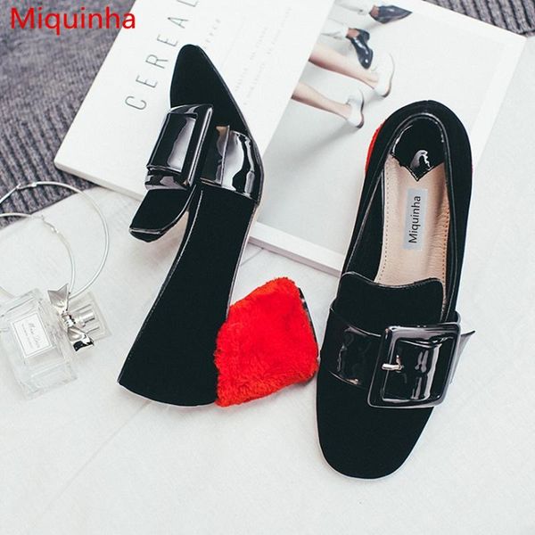 

dress shoes miquinha square toe mary janes patent leather women pumps med red heel big buckle decor slip on, Black
