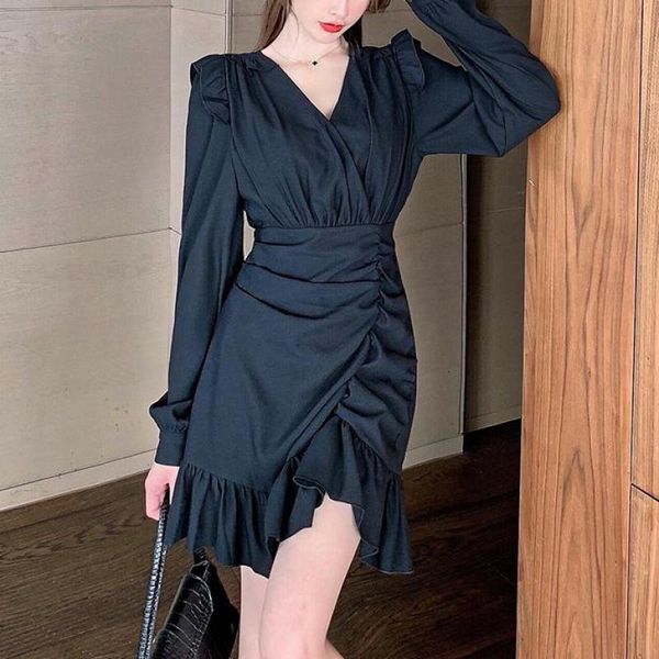

casual dresses women dress plus size autumn clothes fashion v-neck a-line above knee, mini folds lotus leaf decoration 2021, Black;gray