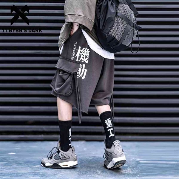 

11 bybb's dark hip hop side pockets ribbons cargo shorts men streetwear joggers summer oversize techwear pants 210716, White;black