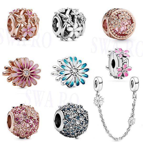 

2020 fashion new silver 1: 1 white, pink daisy flowers bouquet series charm diy jewelry original woman classic gift q0531, Black