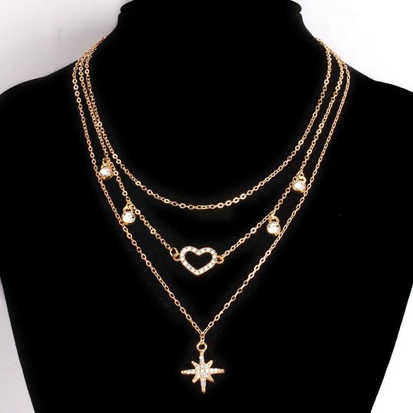 

pendant necklaces stars necklace women heart woman chain jewelry ladies lovers layered gold color trendy party metal collares, Silver