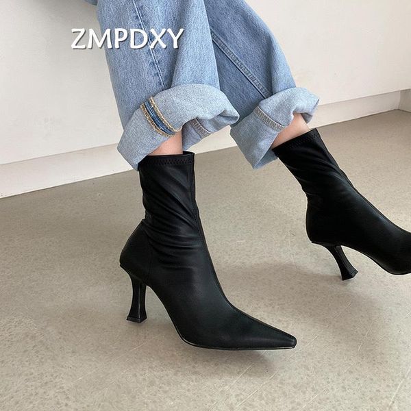

boots high heel ladies street pointed toe ankle heels elegant french designer brand shoes, Black